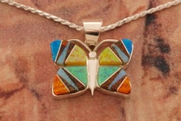 Calvin Begay Fire and Ice Opal Sterling Silver Butterfly Pendant